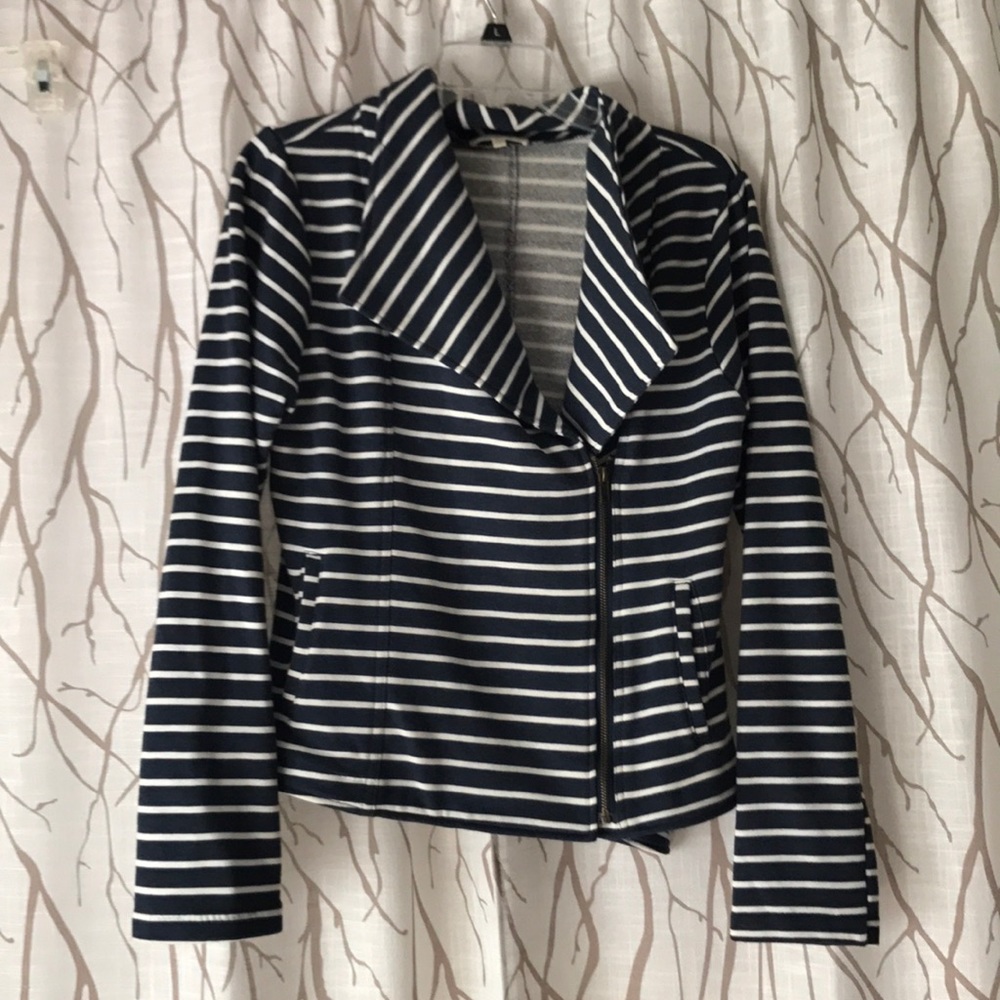 Navy striped asymmetrical zip blazer